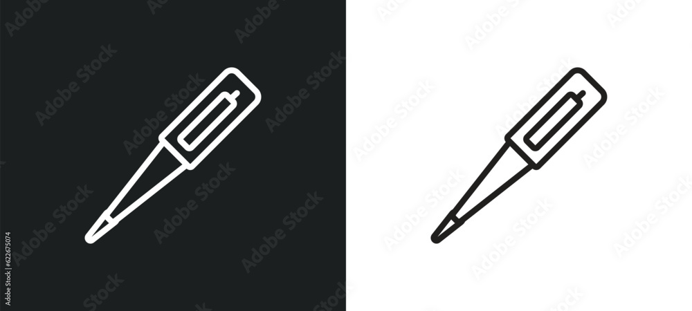 Poster body thermometer outline icon in white and black colors. body thermometer flat vector icon from tool