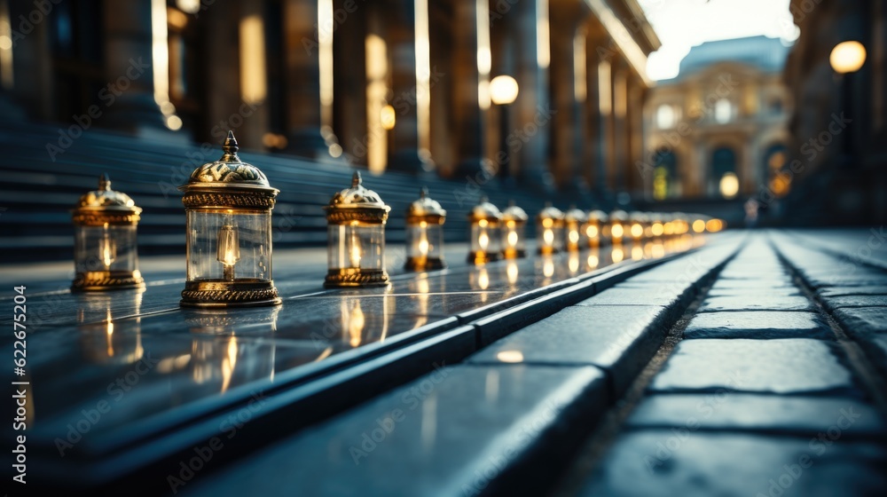 Poster a row of candles sitting on top of a sidewalk. generative ai image.