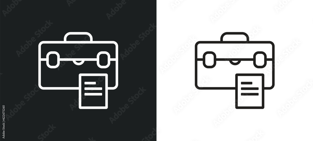 Poster briefcase and document outline icon in white and black colors. briefcase and document flat vector ic