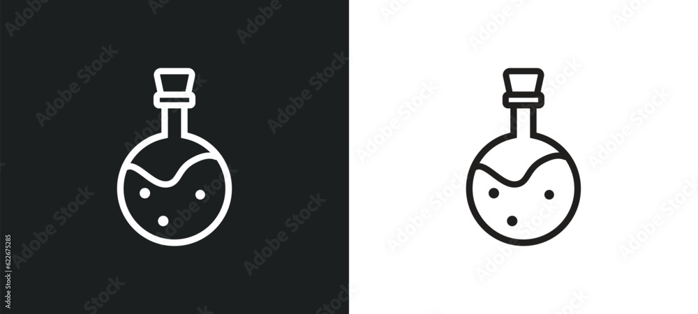 Poster chemistry flask with liquid outline icon in white and black colors. chemistry flask with liquid flat