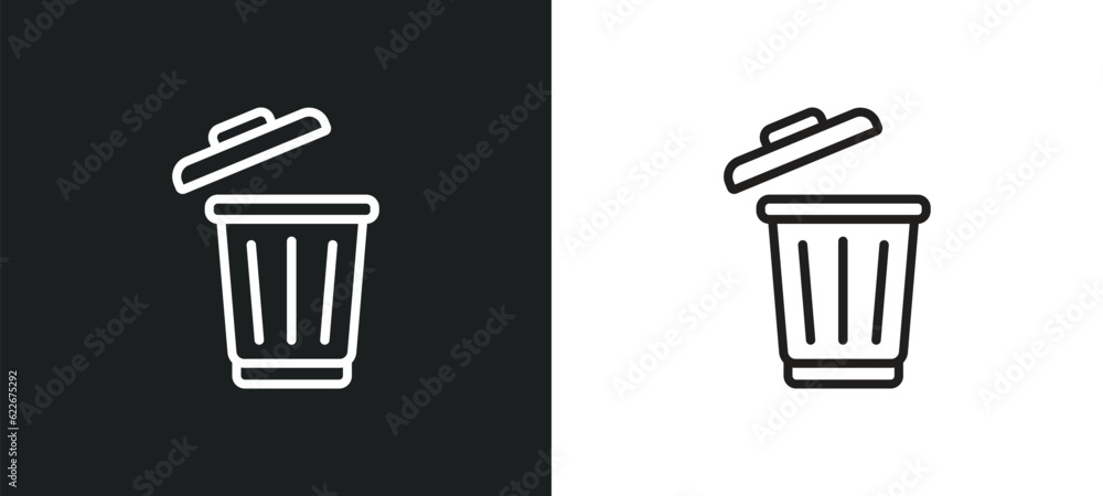 Poster trash can open outline icon in white and black colors. trash can open flat vector icon from tools an