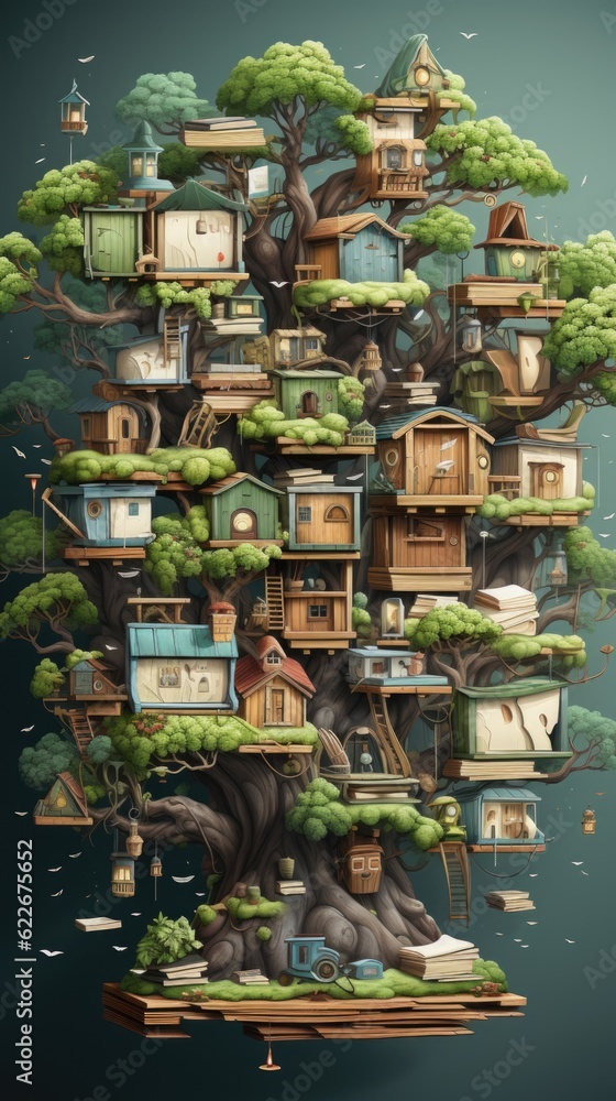 Poster a tree with a bunch of houses on top of it. generative ai image.