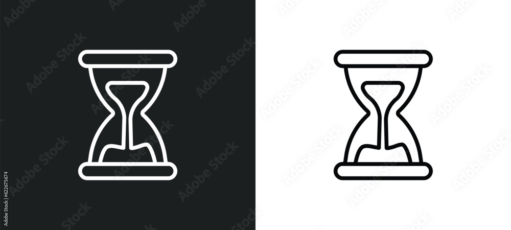 Poster sandglass clock outline icon in white and black colors. sandglass clock flat vector icon from time a