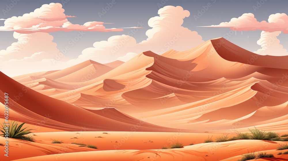 Poster a desert scene with mountains and clouds in the sky. generative ai image.