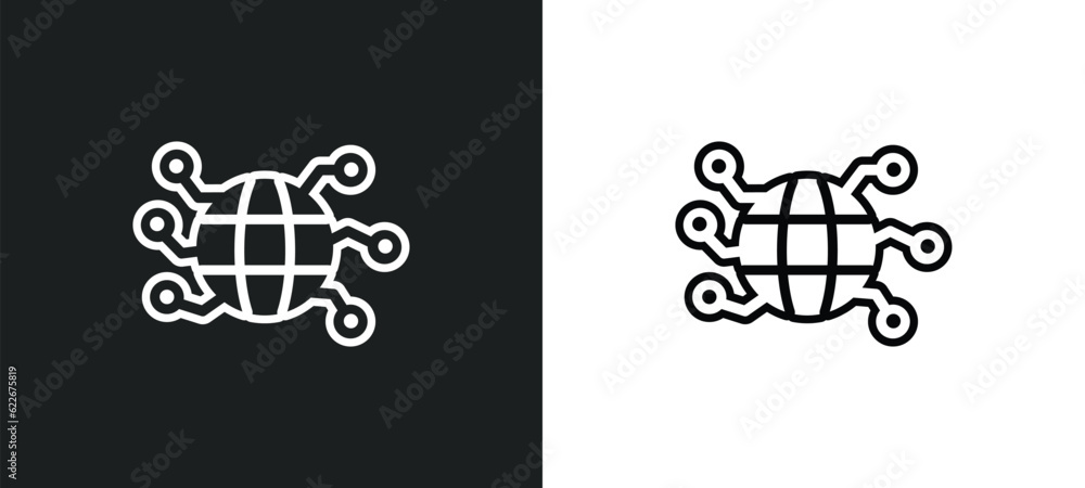 Poster globe connected circuit outline icon in white and black colors. globe connected circuit flat vector 