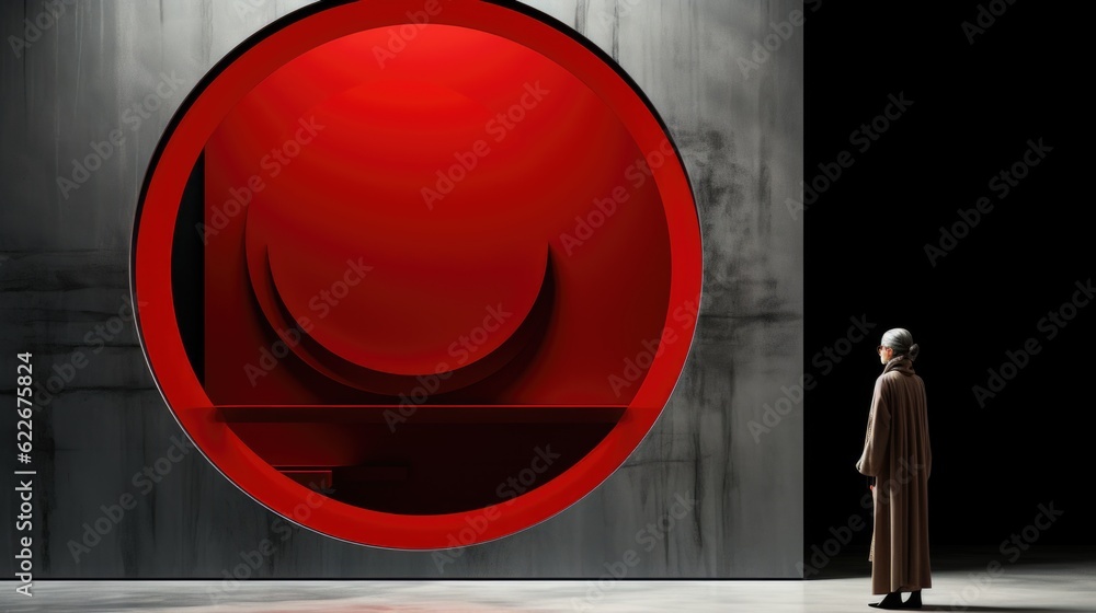Poster a man standing in front of a red sculpture. generative ai image.