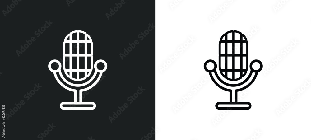 Poster retro microphone outline icon in white and black colors. retro microphone flat vector icon from tech