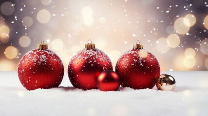 Fototapeta premium Big and small red Christmas decorative balls on snow on white background with golden blurred lights. Generative AI