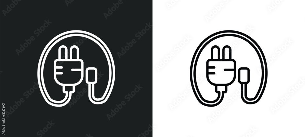 Poster plug with circular cable outline icon in white and black colors. plug with circular cable flat vecto