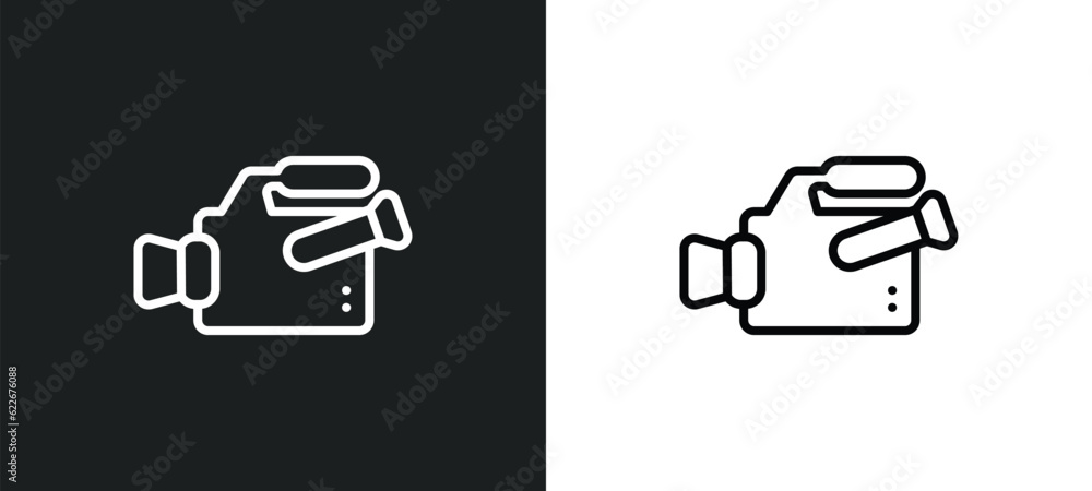 Poster video camera side view outline icon in white and black colors. video camera side view flat vector ic
