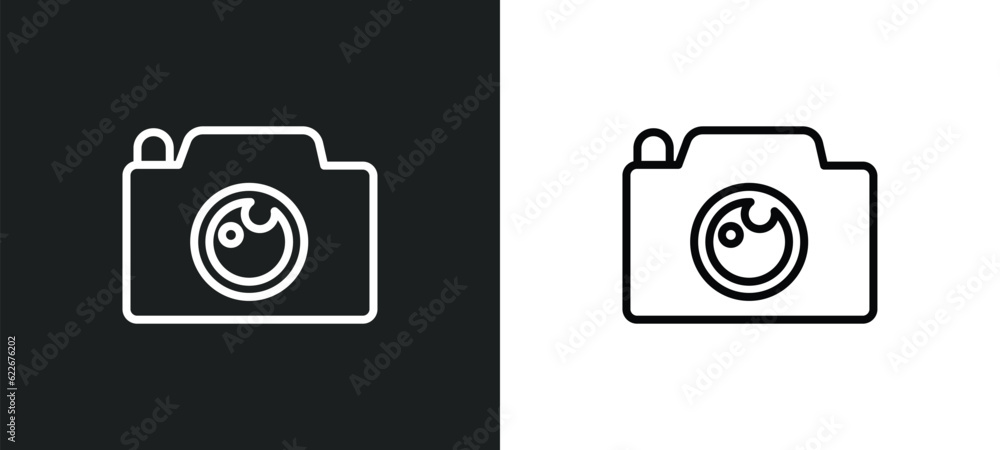 Poster camera front view outline icon in white and black colors. camera front view flat vector icon from te