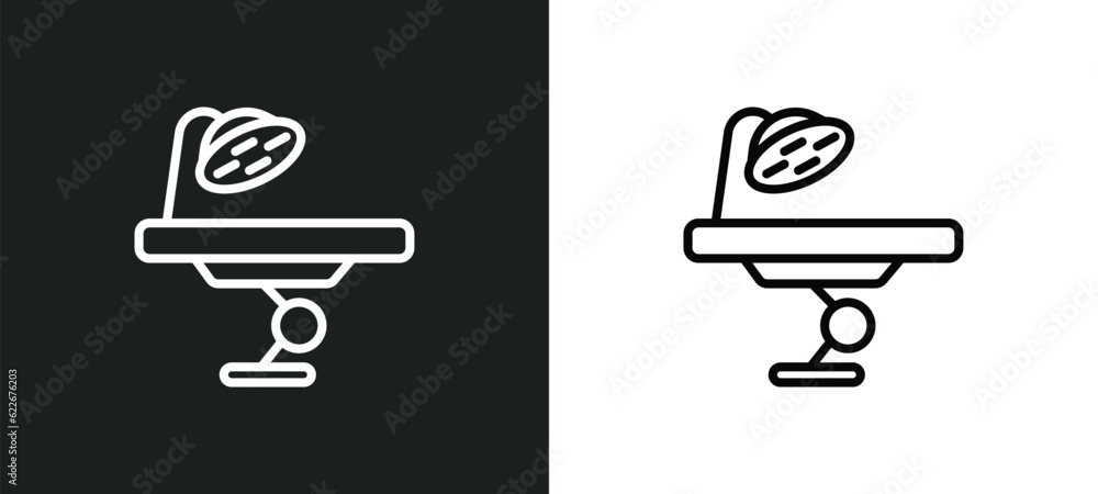 Poster operating table outline icon in white and black colors. operating table flat vector icon from techno