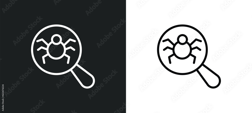 Poster search bug outline icon in white and black colors. search bug flat vector icon from technology colle