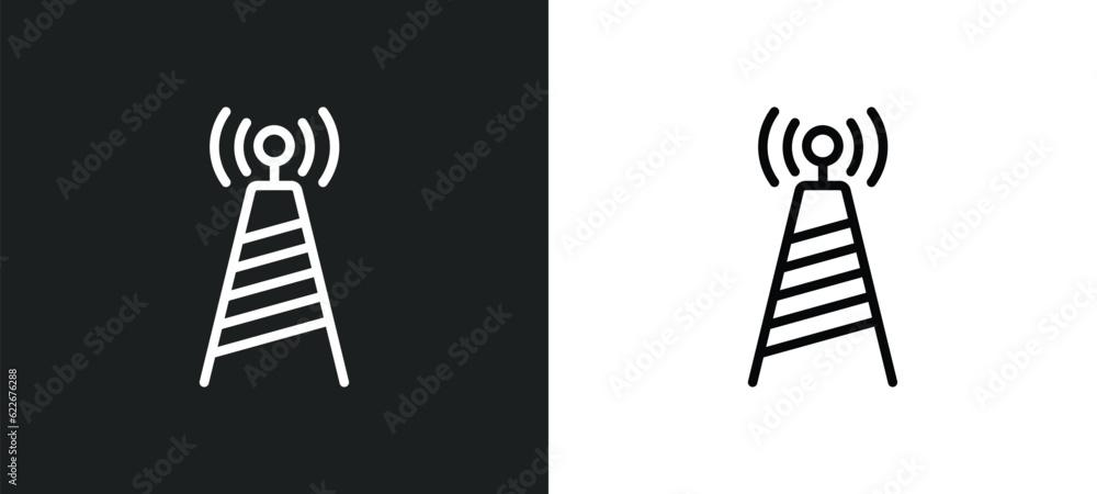Poster broadcast communications tower outline icon in white and black colors. broadcast communications towe
