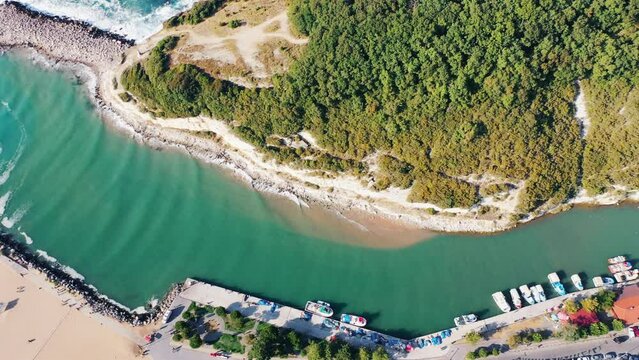 Mouth of Yesilcay River in Agva Town. Goksu stream on the other side, heaven on earth with its forests and golden beaches. Agva, a populated place and resort destination in Sile district of Istanbul
