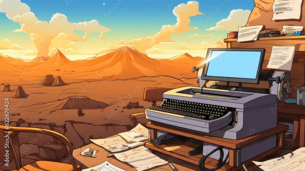 Poster a computer sitting on top of a wooden desk. generative ai image.