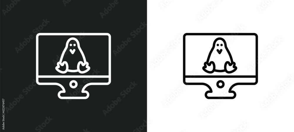 Poster computer screen linux outline icon in white and black colors. computer screen linux flat vector icon