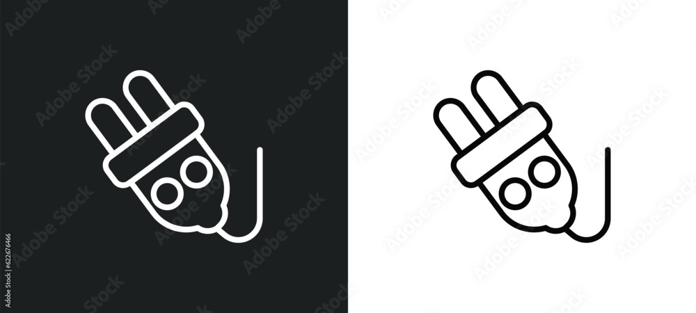 Poster power plug outline icon in white and black colors. power plug flat vector icon from technology colle
