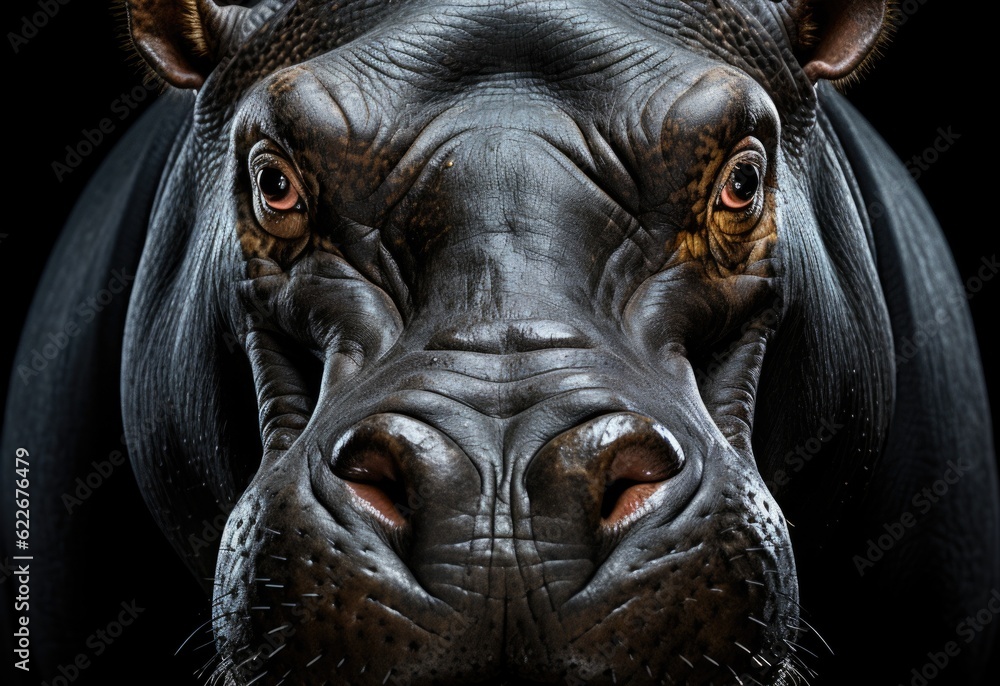 Poster a close up of a hippo with a black background. generative ai image.