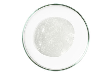 Petri dish isolated on empty background. A smear of a transparent gel, serum in a Petri dish.