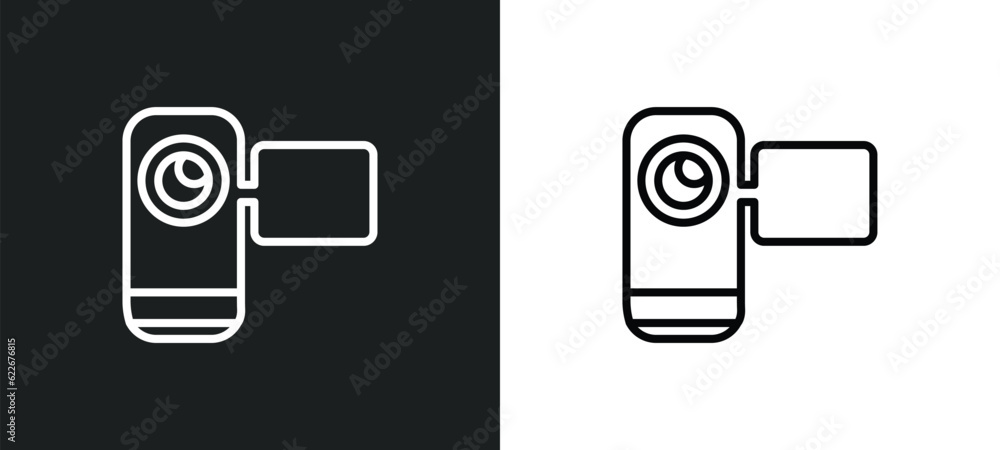 Poster video camera front view outline icon in white and black colors. video camera front view flat vector 