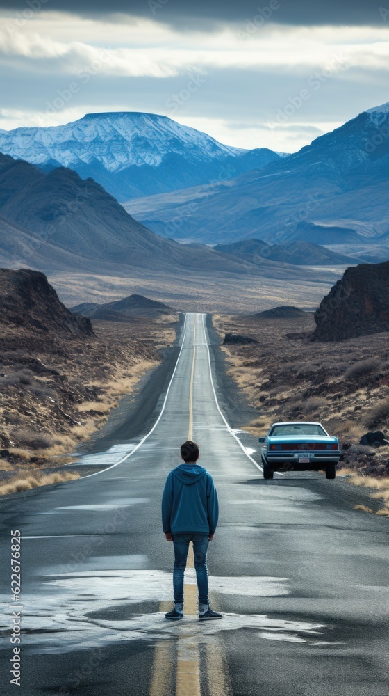 Poster a man standing in the middle of a road. generative ai image.