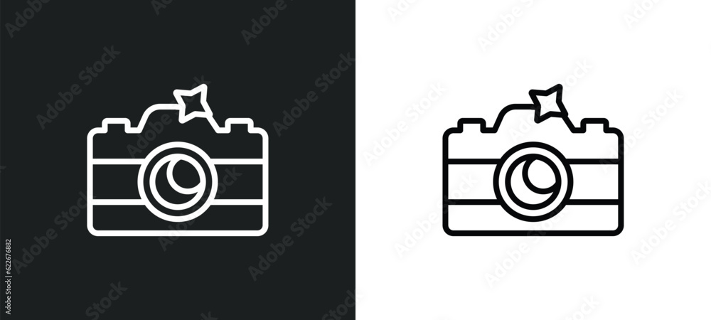 Poster camera flash outline icon in white and black colors. camera flash flat vector icon from technology c