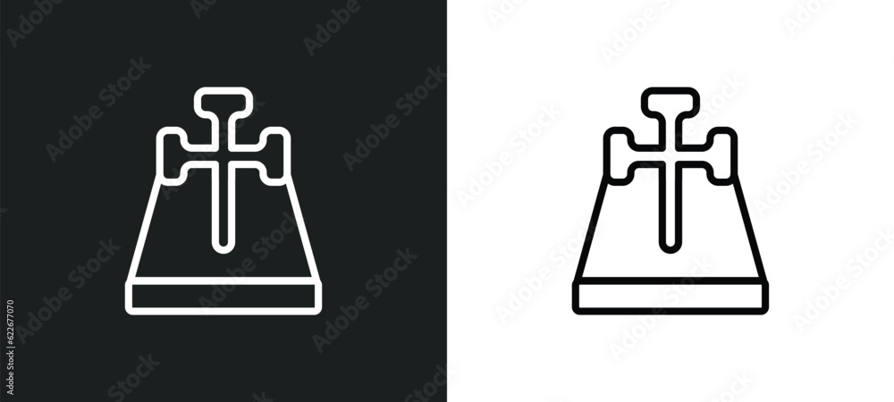 Poster cross stuck in ground outline icon in white and black colors. cross stuck in ground flat vector icon