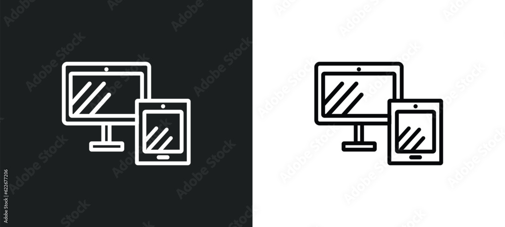 Poster responsive web de outline icon in white and black colors. responsive web de flat vector icon from te