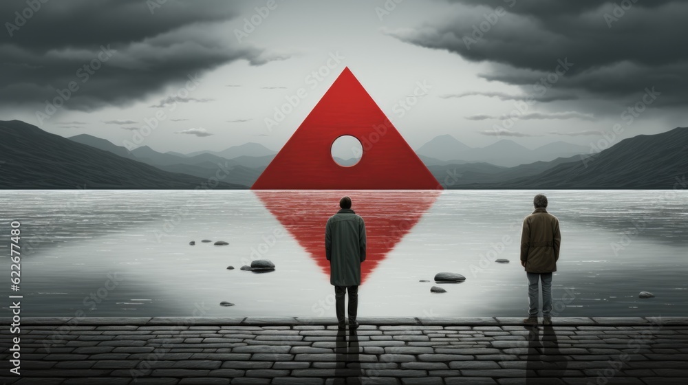 Poster two people standing in front of a red triangle. generative ai image.