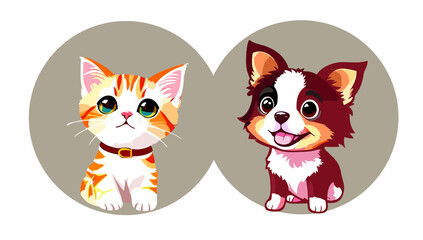 Painted cute animals kitten and puppy in cartoon style. Character design sticker isolated. Drawing vector illustration. Decorative design element, cover, print, poster, postcard. 