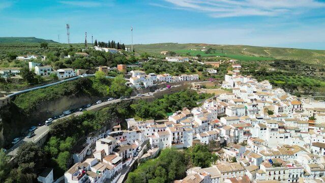 Aerial view of Setenil de las Bodegas, Andalusia. It is famous for its dwellings built into rock overhangs above the river