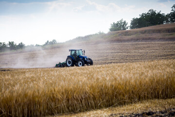 A modern blue tractor with a trailed disc harrow with a husking roller plows a field on which the spring grain crop has just been harvested. Midsummer in central Ukraine.