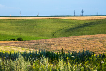 Endless farm fields on the slopes of the hills are sown with various crops. Peaceful rural landscape. Summer evening in the western Ukraine near Rivne city.