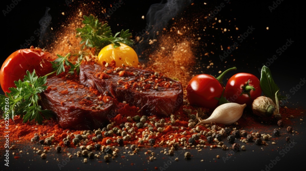 Poster a pile of meat with spices and vegetables on a table. generative ai image.