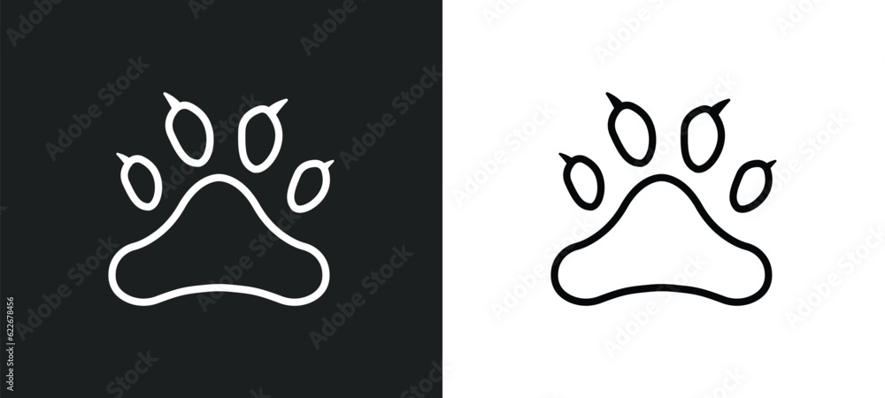 Poster paw print outline icon in white and black colors. paw print flat vector icon from stone age collecti