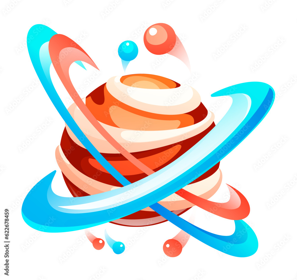 Poster cartoon icon of planet with circles of orbit. cute unknown planet element. colorful space planet iso