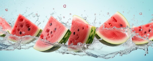 Slides fresh of watermelon on light blue background with water drops, summer panorama. Generative Ai.