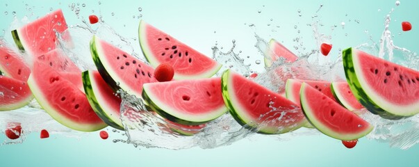 Slides fresh of watermelon on light blue background with water drops, summer panorama. Generative Ai.