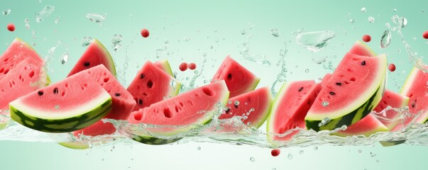 Slides fresh of watermelon on light blue background with water drops, summer panorama. Generative Ai.