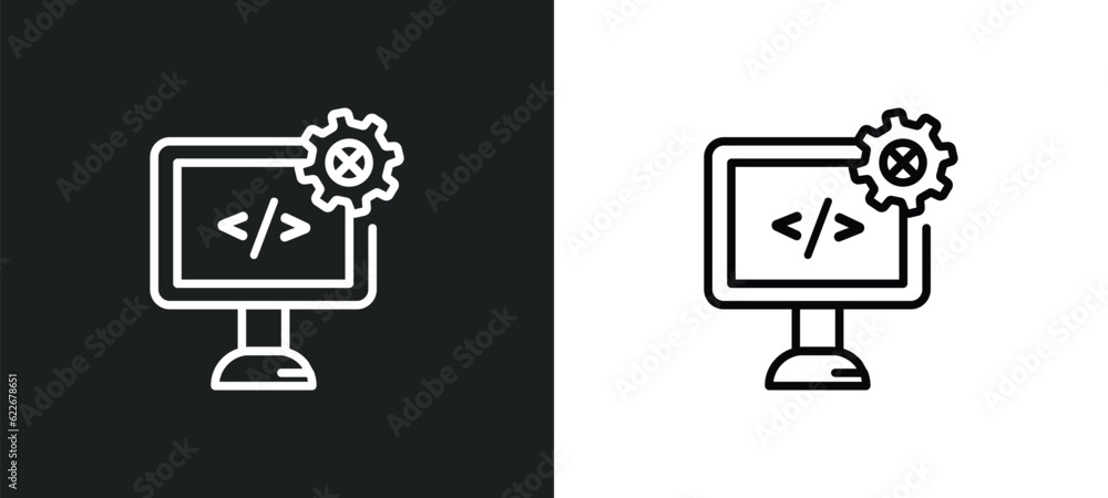 Poster web development outline icon in white and black colors. web development flat vector icon from startu