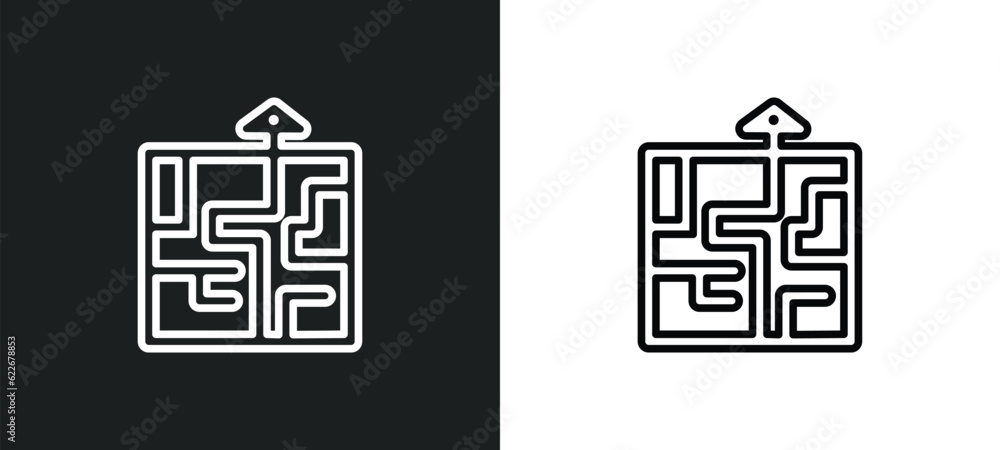Poster strategy in a labyrinth outline icon in white and black colors. strategy in a labyrinth flat vector 