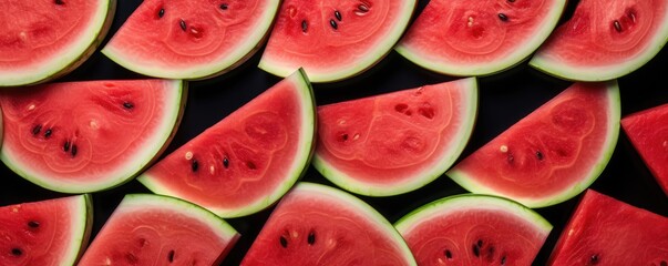 Texture of fresh red watermelon slices, background, panorama. of summer food. Generative Ai.