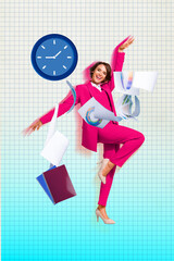 Exclusive magazine picture sketch collage image of funny excited lady dancing finishing work isolated creative background