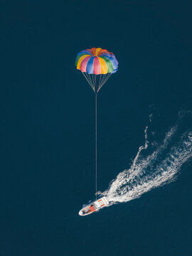 Aerial view of a balloon and a boat, Gran Canaria, Spain.