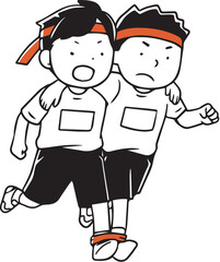 二人三脚する男の子単色