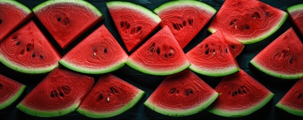 Texture of fresh red watermelon slices, background, panorama. of summer food. Generative Ai.