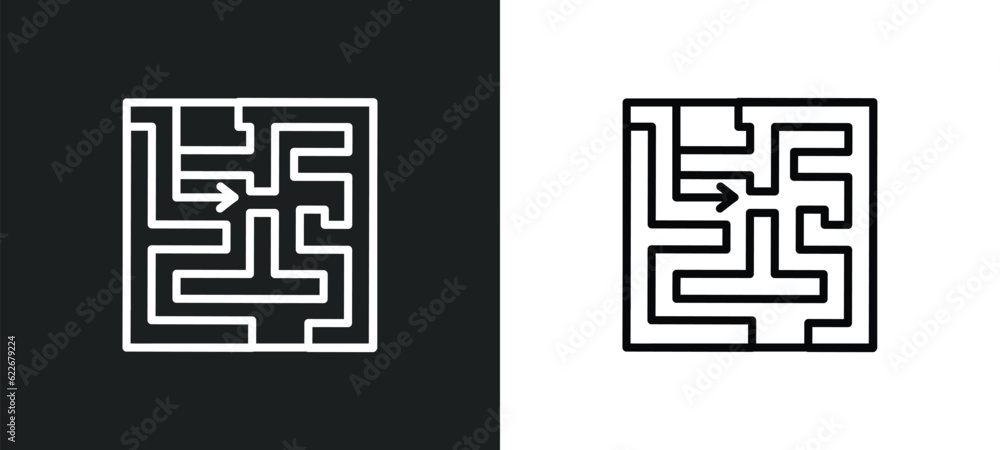 Poster strategy in a labyrinth outline icon in white and black colors. strategy in a labyrinth flat vector 