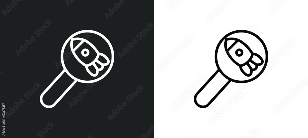 Poster startup project search outline icon in white and black colors. startup project search flat vector ic