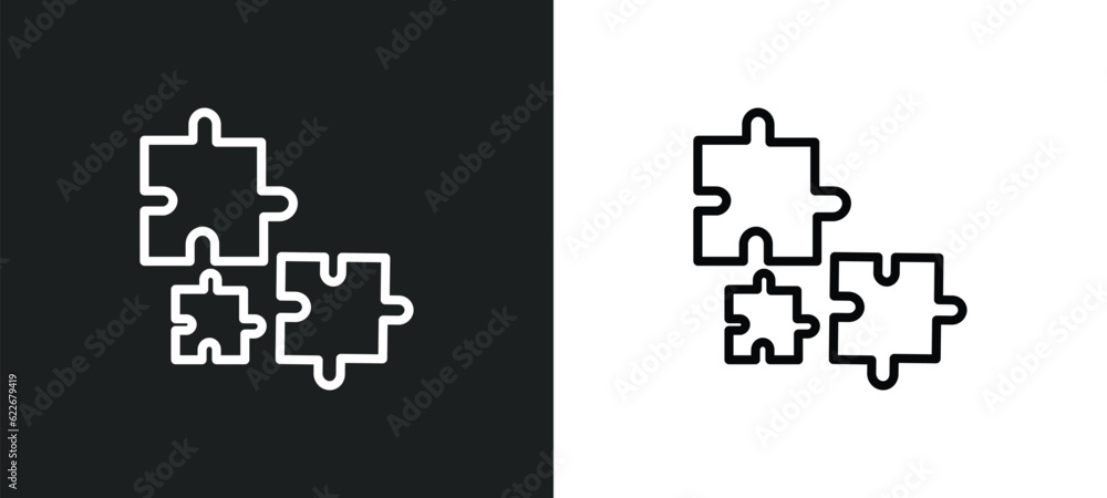 Poster puzzle outline icon in white and black colors. puzzle flat vector icon from strategy collection for 